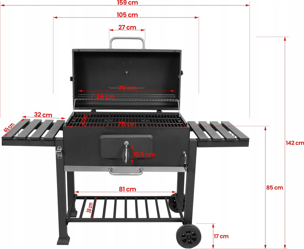 GRANDE CHURRASQUEIRA A CARVÃO XXL COM GRELHA DE FERRO FUNDIDO AJUSTÁVEL 78x42,5mm 3 PRATELEIRAS LUND