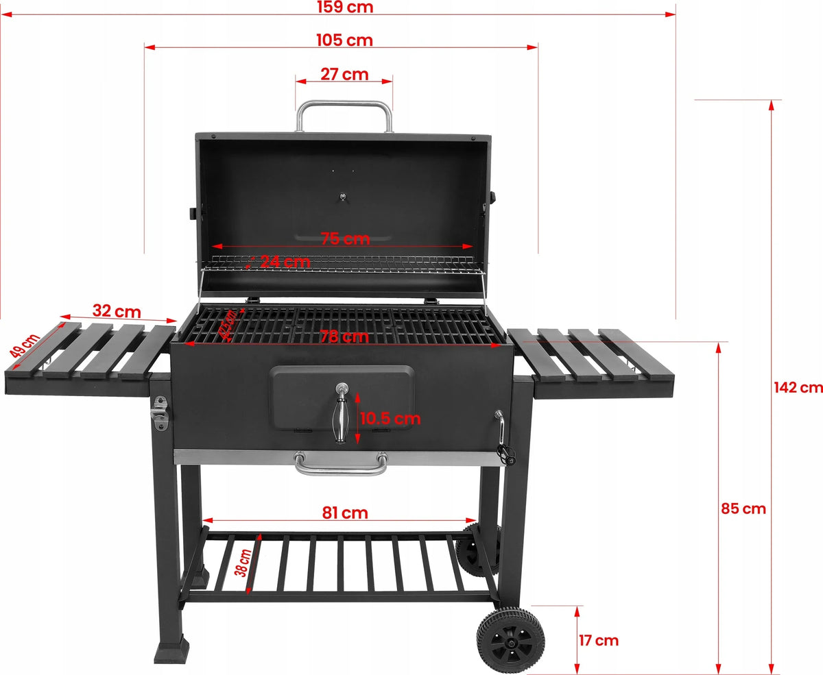 GRANDE CHURRASQUEIRA A CARVÃO XXL COM GRELHA DE FERRO FUNDIDO AJUSTÁVEL 78x42,5mm 3 PRATELEIRAS LUND