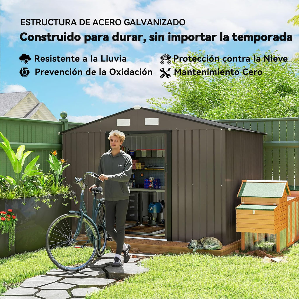 Outsunny Abrigo de Jardim Exterior, 5 m² 277x195x192 cm, Abrigo de Jardim Exterior Metálico com 2 Portas Deslizantes, Base de Reforço (Chão NÃO Incluído) e 4 Janelas, Castanho