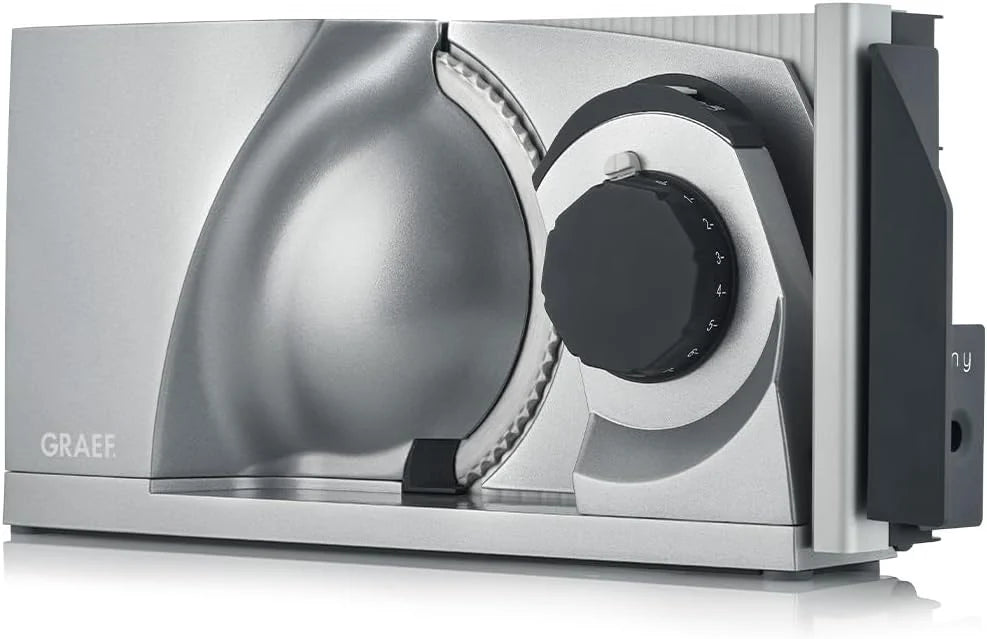 GRAEF MYtiny MT1000 - Cortador de Frios Dobrável, 170 W, lâmina Ø170 mm, metálico, corte 0-15 mm, pão, compacto, Made in Germany, prata