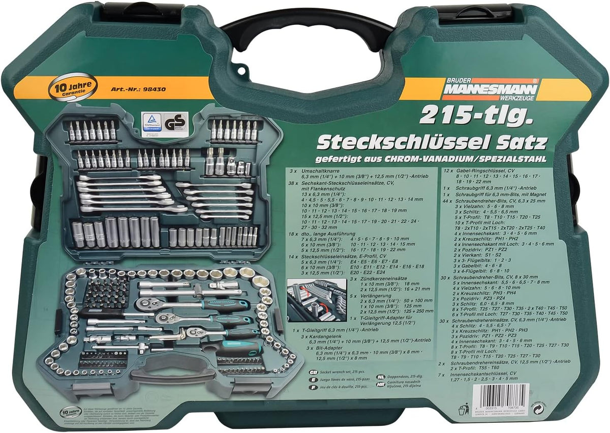 Mannesmann M98430 - Maleta de soquetes e outras ferramentas (215 peças, tamanho: 12x36x51 cm), Cor Verde Mannesmann
