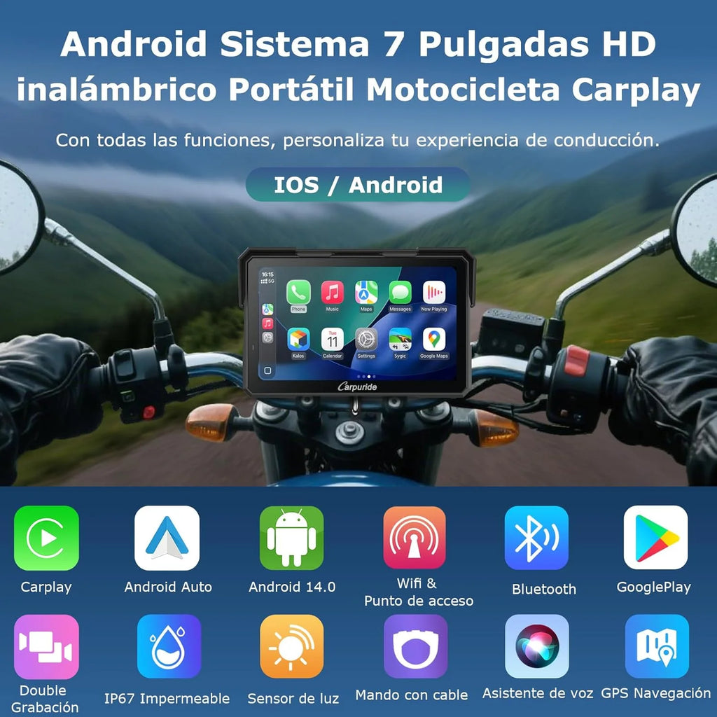Carpuride W702 Plus Android 14 Motocicleta Carplay Tela com Câmera Dupla, CarPlay e Android Auto Sem Fio, Tela Sensível ao Toque à Prova d'Água de 7", Áudio BT, Gravação em Loop, Navegação Online e Offline.
