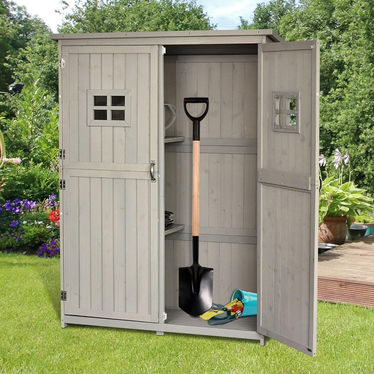 Outsunny Abrigo de Madeira Casinha de Jardim Armário Ferramentas de Jardinagem Portas Duplas Telhado Impermeável Compartimentos de Diferentes Tamanhos 127.5x50x164cm Madeira Maciça