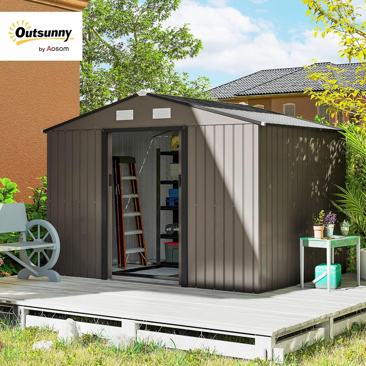 Outsunny Abrigo de Jardim Exterior, 5 m² 277x195x192 cm, Abrigo de Jardim Exterior Metálico com 2 Portas Deslizantes, Base de Reforço (Chão NÃO Incluído) e 4 Janelas, Castanho