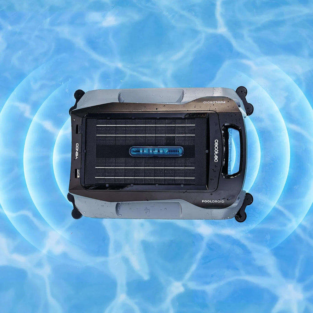 Cecotec Robô Limpador de Piscinas para Superfície e Linha de Flutuação Conga Pooldroid AquaSkater. Carregamento Solar, Autonomia de 16h, Cesto de 4,5L e Filtro de 187,5μm, Navegação com Sensores Ultrassónicos