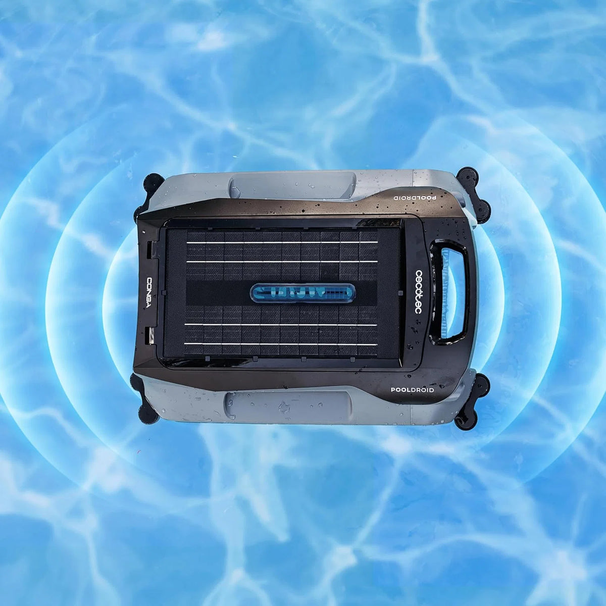 Cecotec Robô Limpador de Piscinas para Superfície e Linha de Flutuação Conga Pooldroid AquaSkater. Carregamento Solar, Autonomia de 16h, Cesto de 4,5L e Filtro de 187,5μm, Navegação com Sensores Ultrassónicos
