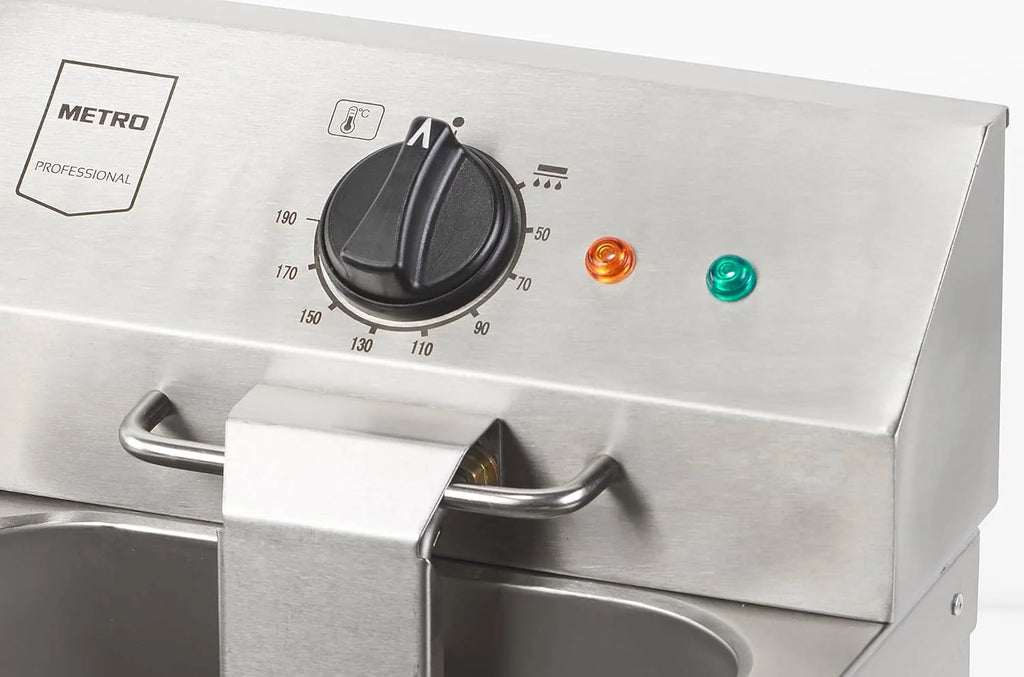 METRO Professional Fritadeira Dupla GDF5028, Aço Inox SS304, 2x 8 L, com Torneira, Regulador de Temperatura, Zona Fria, Prateado