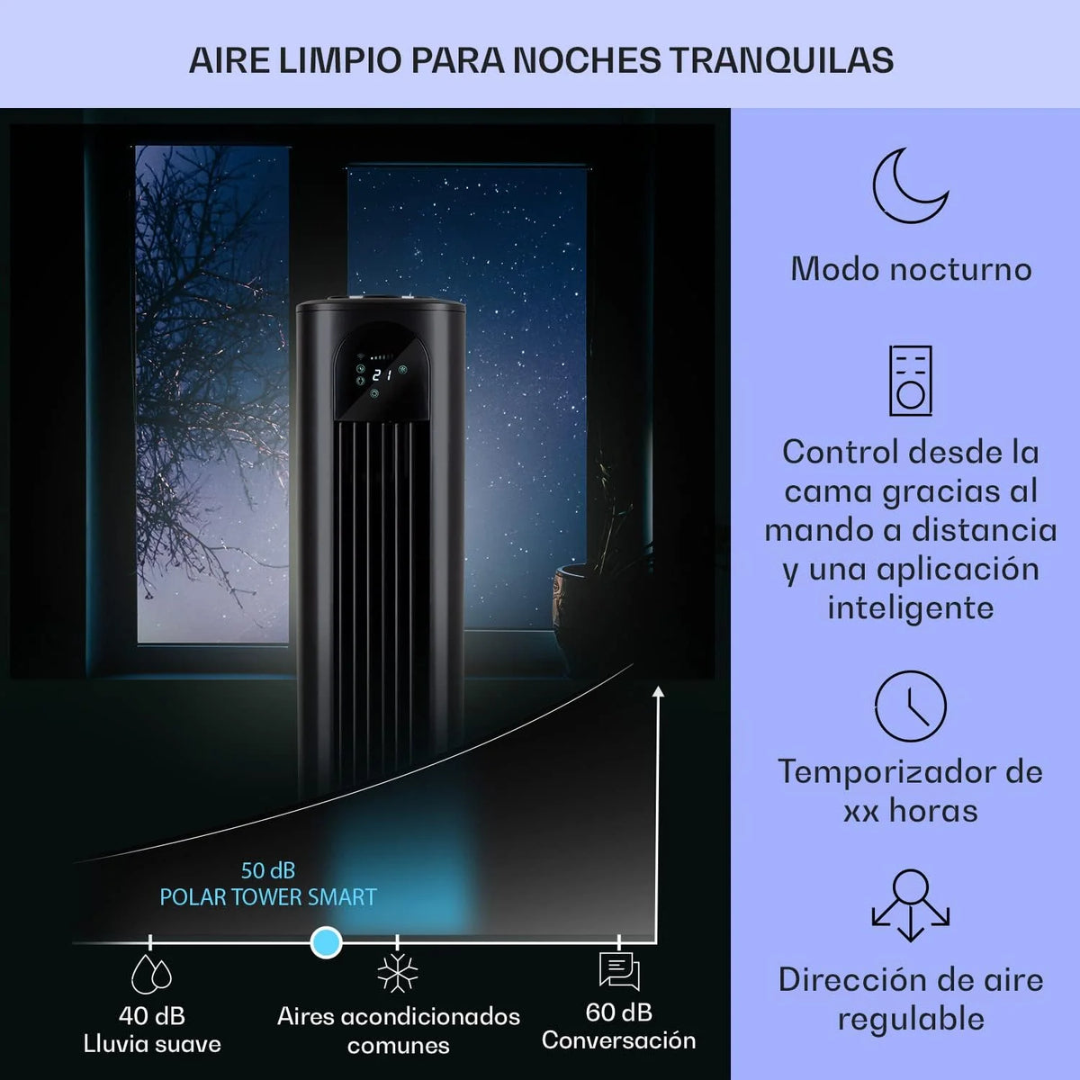 KLARSTEIN Polar Tower Smart Climatizador Evaporativo – 4 em 1: Ventilador, Umidificador e Purificador, Controle por App e Alexa, Tanque de 7L, 3.306 m³/h, Modo Noturno, Portátil com Rodas, Preto