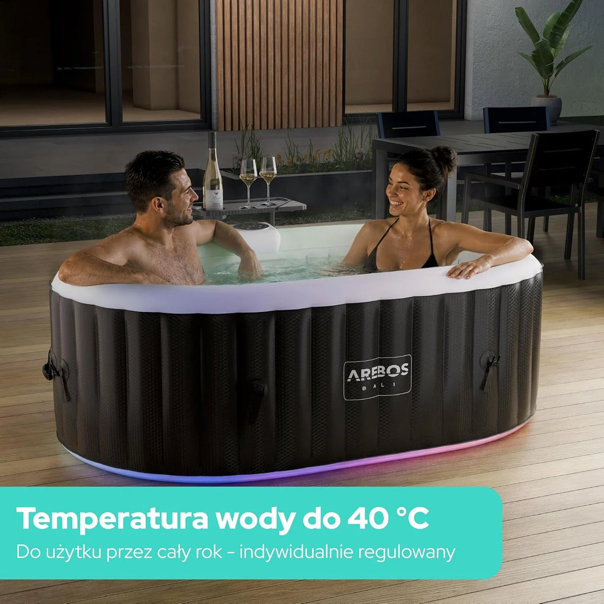 Arebos Spa Inflável com Luz LED | Inflável | Interno e Externo | Oval 190x120 cm | 2 Pessoas | 90 Jatos de Massagem | com Aquecimento | 550 Litros | Capa Inclusa | Spa de Bolhas