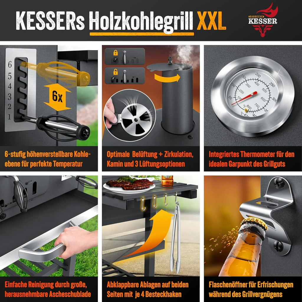 KESSER® Churrasqueira a Carvão com Carrinho Grelhador com Tampa, Rodas, Puxador em Aço Inoxidável | Grelhador e Termómetro a Carvão Grande BBQ Assador Acampamento, Terraço, Jardim XXL Cinza
