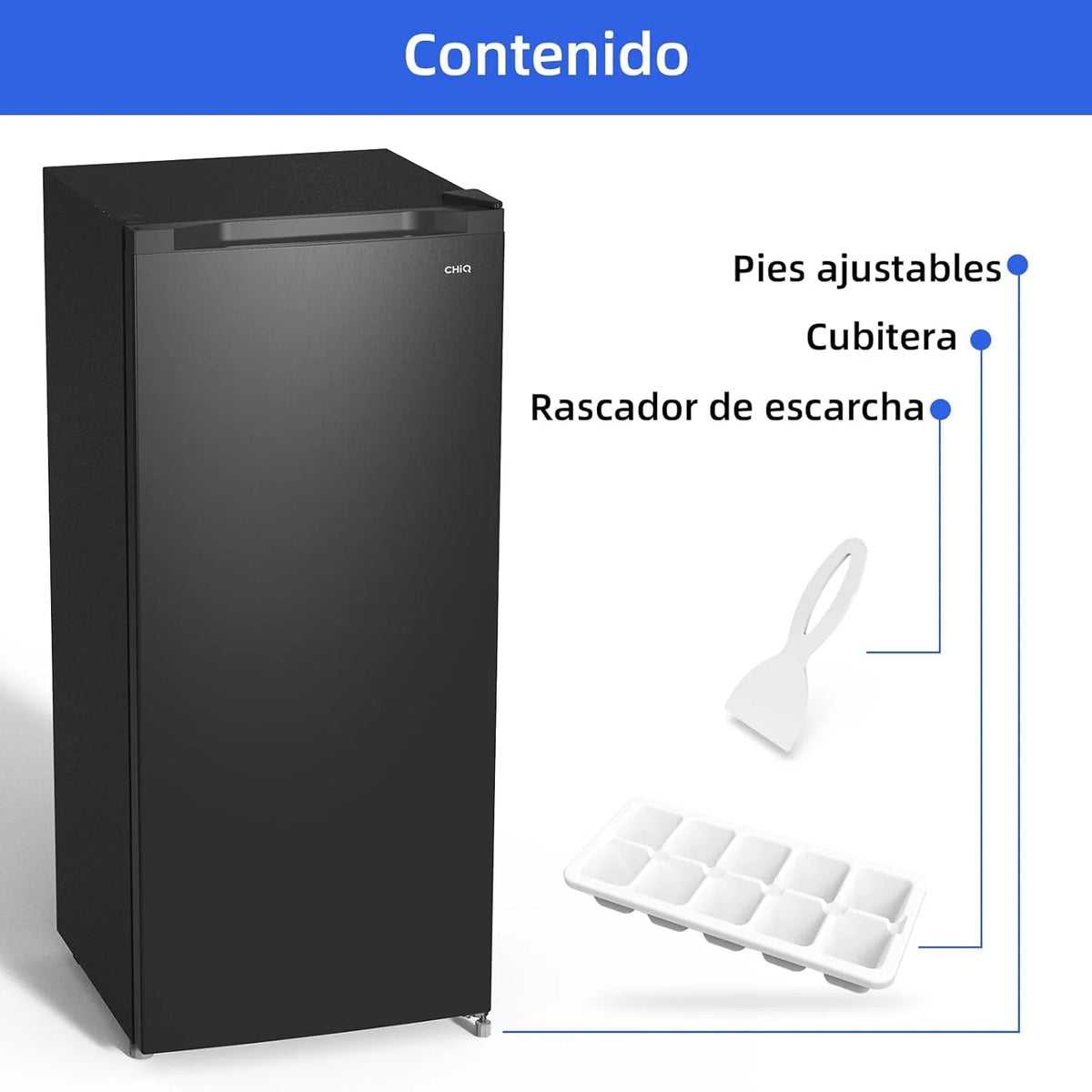 Freezer vertical CHiQ, 145L de capacidade, congelamento rápido, termostato ajustável, silencioso, porta reversível, preto, classificação energética E