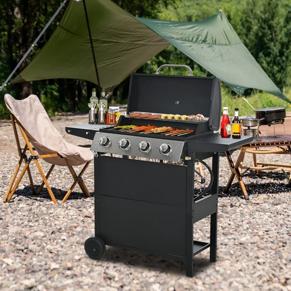 2026 Churrasqueira a gás SEGMART de 4 queimadores em aço inoxidável – 34.200 BTU, churrasqueira de jardim/pátio com duas prateleiras dobráveis e termômetro, ideal para camping e cozinha ao ar livre