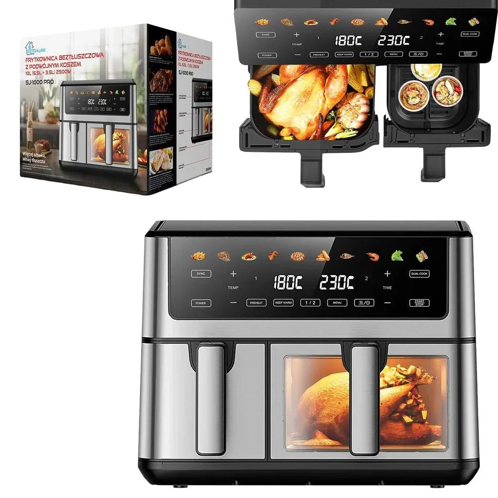 Fritadeira de Ar Extralink Dual Basket com Janela, 2 Cestos, 2500 W, 6,5 l e 3,5 l, Prateada