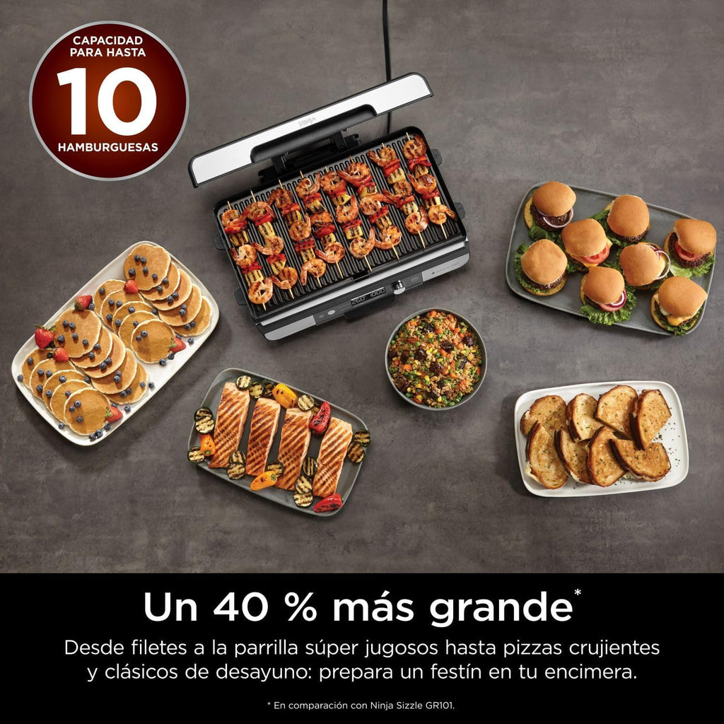 Ninja Sizzle Pro XL Grill and Chapa Interna com Chapa e Grelha de Cerâmica Antiaderente, Tampa Removível, Coletor de Gordura e Guia de Receitas, Prata/Preto GX101EU