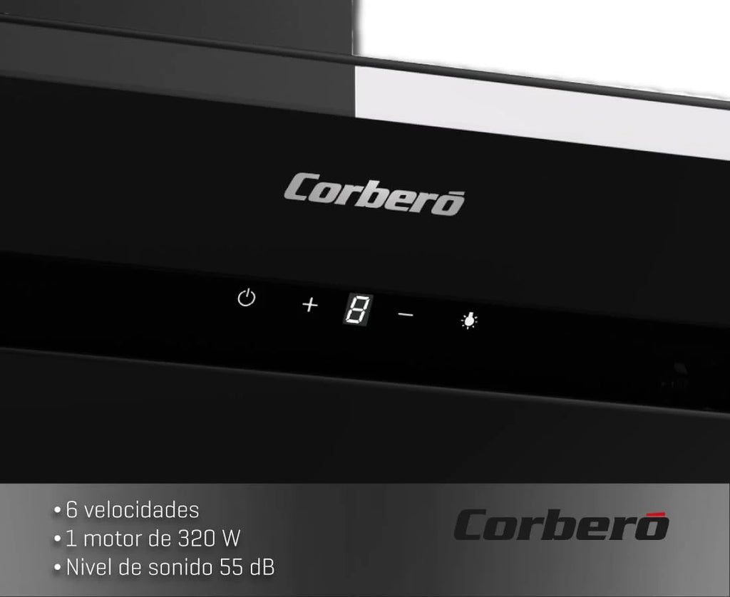 Corberó - Coifa Decorativa | NYASA9000B | 90 cm | 3 Velocidades, Controle Touch, Vazão 1000 m3/h | Vidro Preto