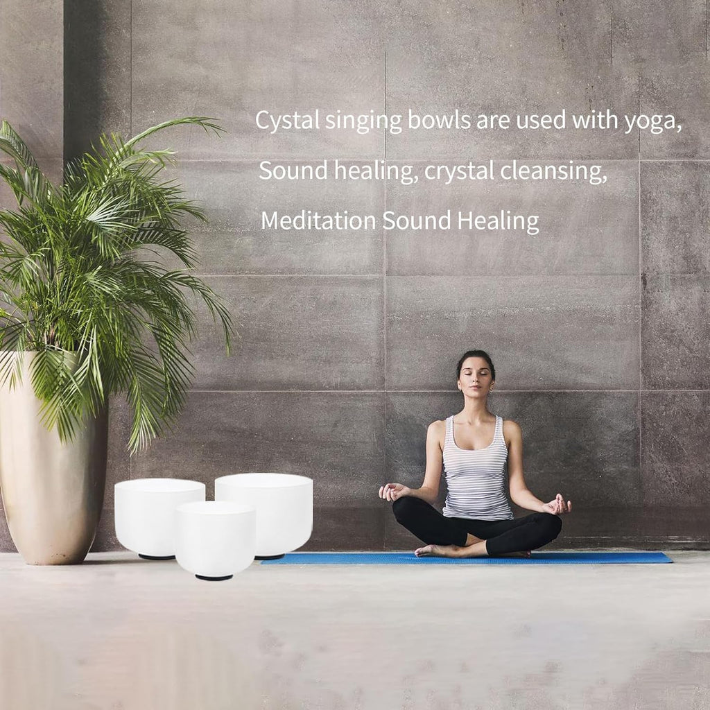 Hye-eun - Conjunto de 3 tigelas de cristal de quartzo com 15,2 cm, 20,3 cm e 25,4 cm, 432 Hz, para meditação, ioga, com estojo de transporte e terapia de equilíbrio