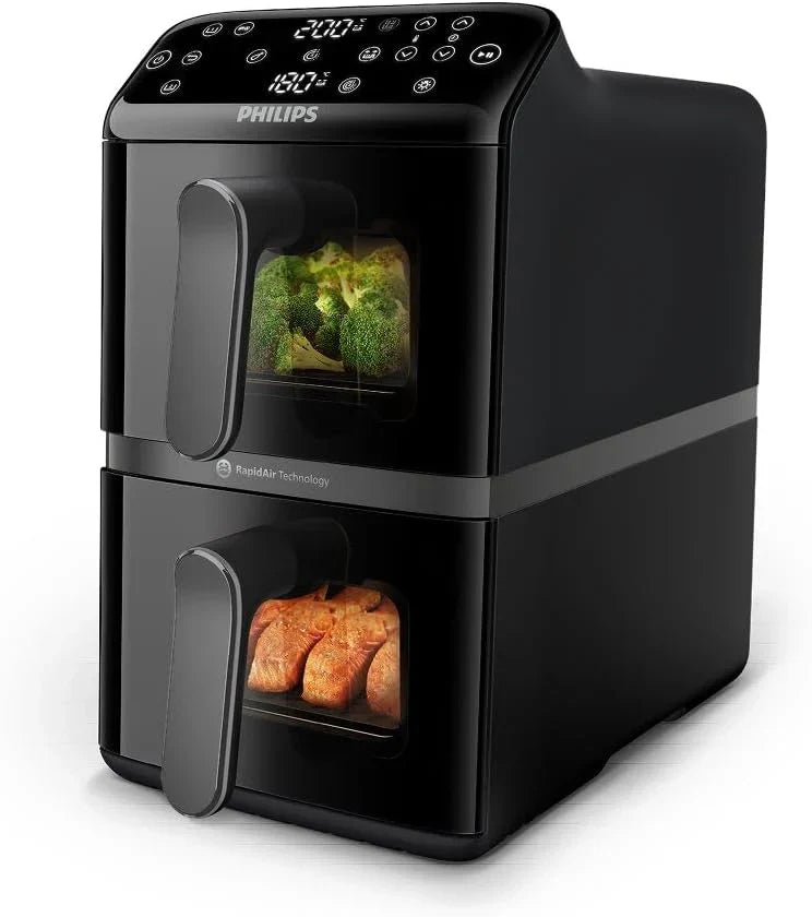 Fritadeira sem Óleo Philips Airfryer Série 4000 Cesto Vertical Duplo 10L – Tecnologia RapidAir, Sincronização, 2 Cestos Simultaneamente, 45% Menos Espaço, Revestimento Cerâmico Livre de PFAS, Janelas de Visualização (NA460/00)