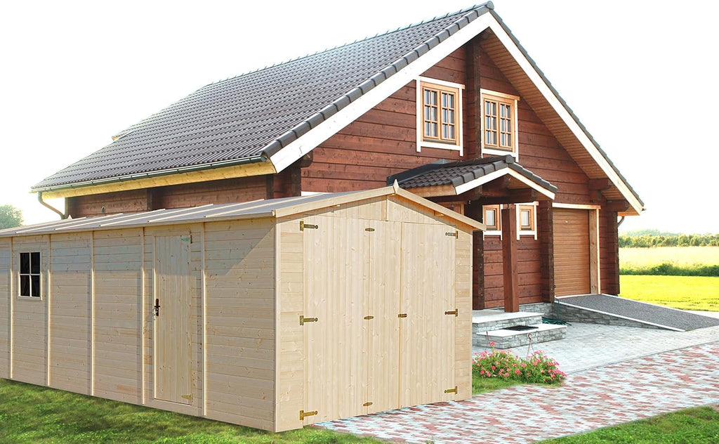 Garagem de Madeira Natural - galpão em Pinheiro/Abeto - A222x616x324 cm / 18 m² - Construção em Painéis - Oficina de jardinagem - Armazenamento de carros, galpão para Ferramentas-TIMBELA M102
