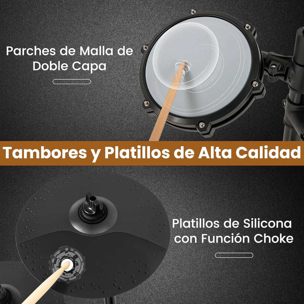 COSTWAY Bateria Eletrónica, Kit de Bateria Dobrável com Pads de Malha Silenciosos, Prato, 225 Sons e 30 Demos, Metrônomo e USB MIDI, Bumbo, 2 Baquetas, Banco Ajustável, para Adultos e Crianças