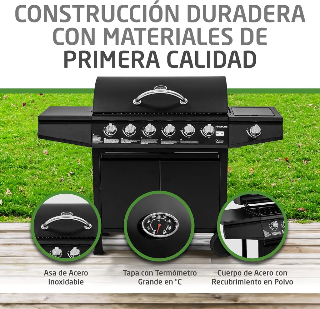 Churrasqueira a Gás Fireplus 6+1 de 12,9 kW - Aço Inoxidável Preto - Grelhador com Rodas Modelo GRILL-6F - Churrasqueira XXL com Carrinho e Termômetro - 138x52x103 cm - 7 Queimadores e Bandeja Lateral