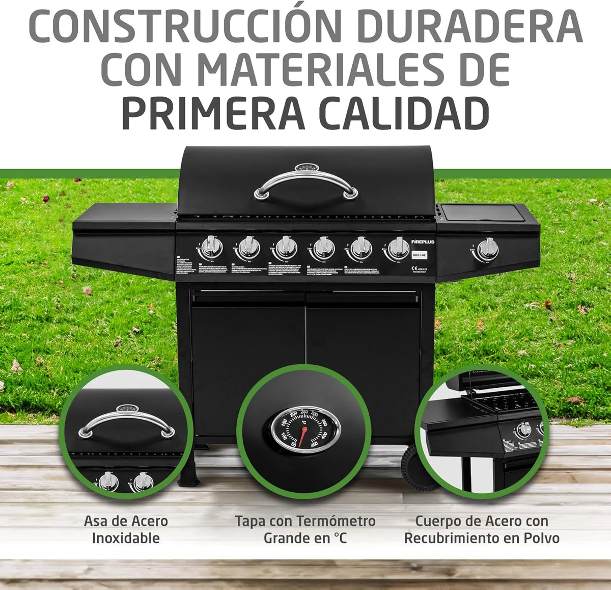 Churrasqueira a Gás Fireplus 6+1 de 12,9 kW - Aço Inoxidável Preto - Grelhador com Rodas Modelo GRILL-6F - Churrasqueira XXL com Carrinho e Termômetro - 138x52x103 cm - 7 Queimadores e Bandeja Lateral