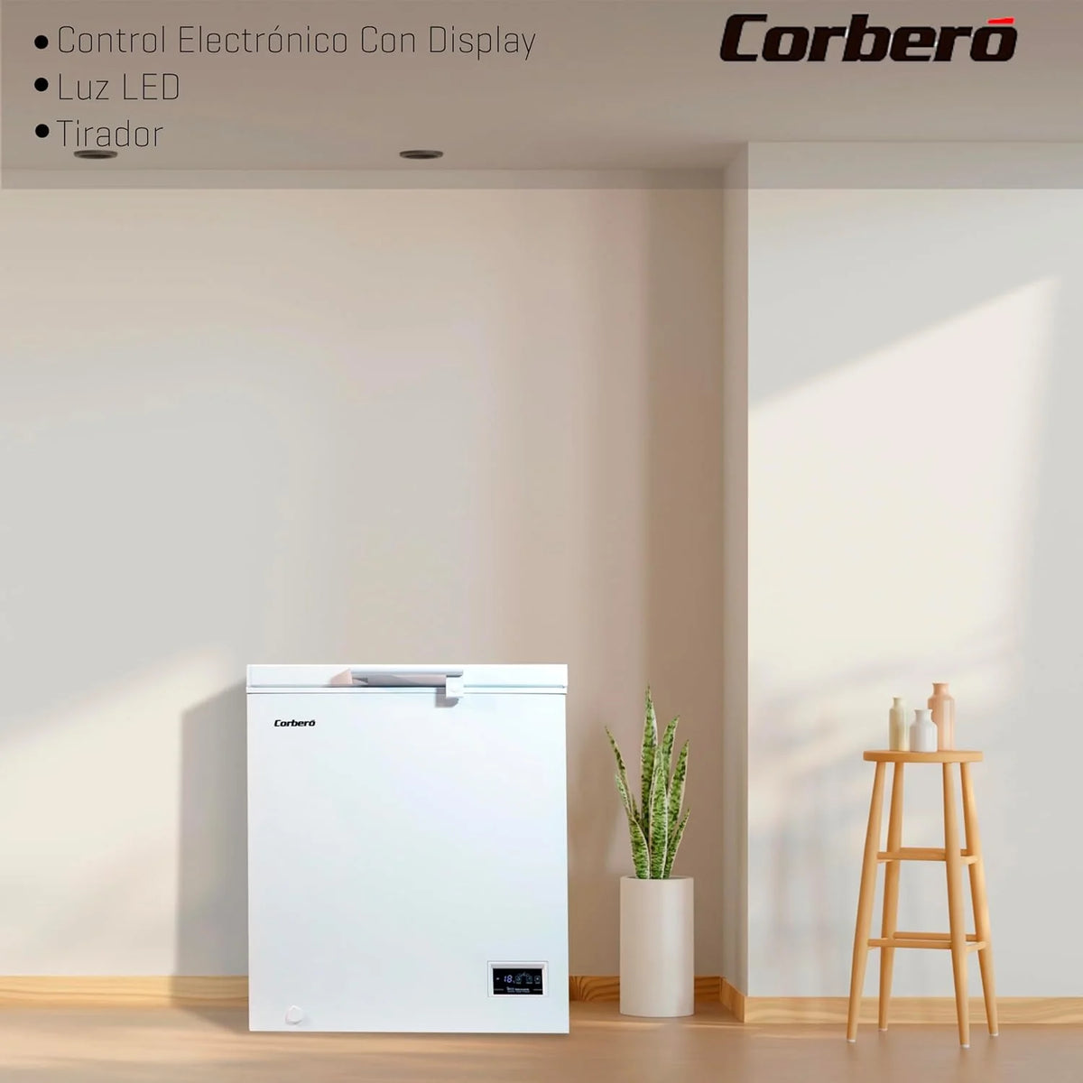 Corbero - Freezer Horizontal 142L | CCHH15024E | Controle Eletrônico com Display | Luz LED | Puxador | 1 Cesto Interior | 2 Rodas | 2 Pés Ajustáveis | 40 Db | Eficiência Energética E | Branco