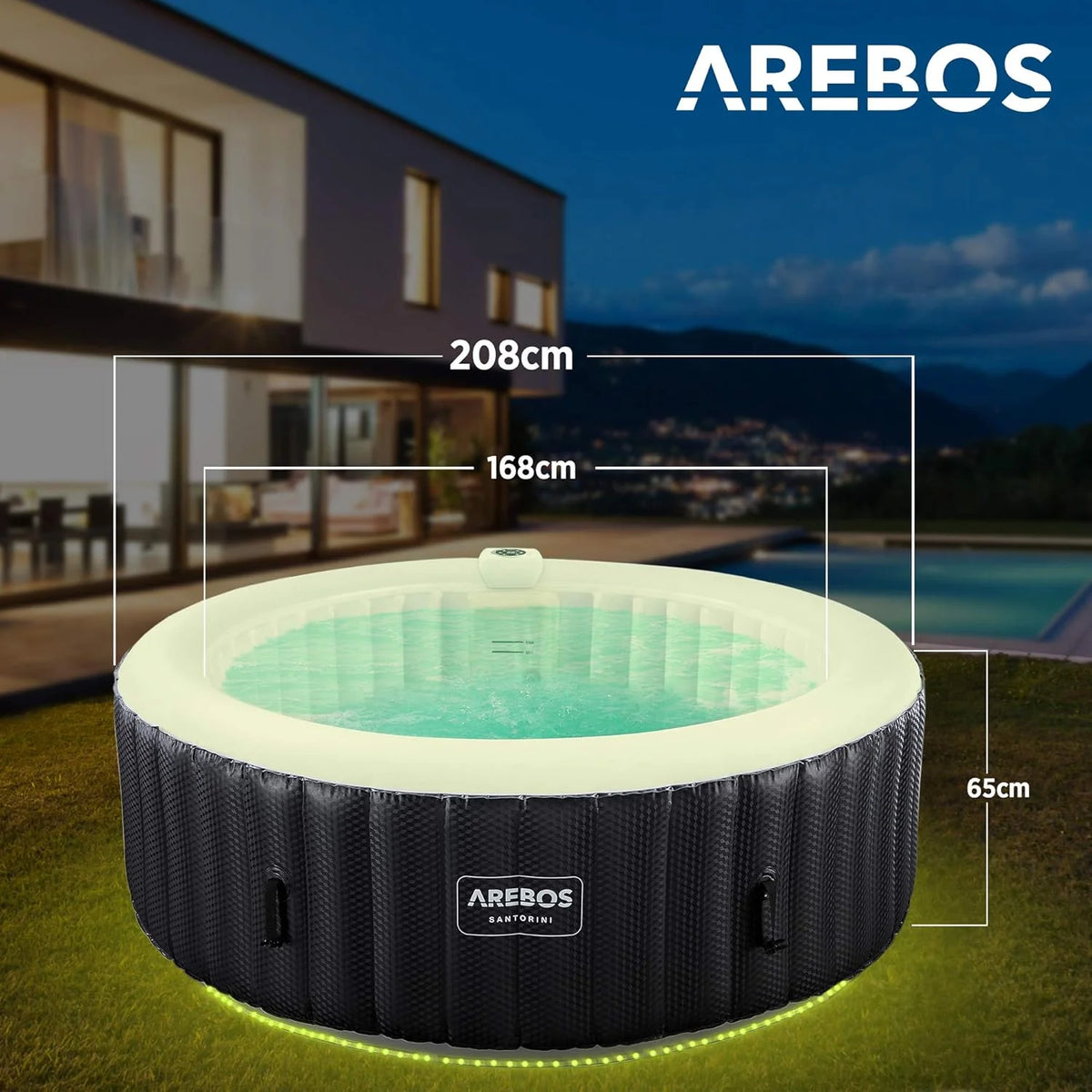 Arebos SPA Inflável | Inflável Automático | para Uso Interno e Externo | ⌀ 208 cm | 6 Pessoas | Faixa de LED | 130 Jatos de Massagem | 1000 L | Inclui Cobertura | SPA e Massagem de Bolhas