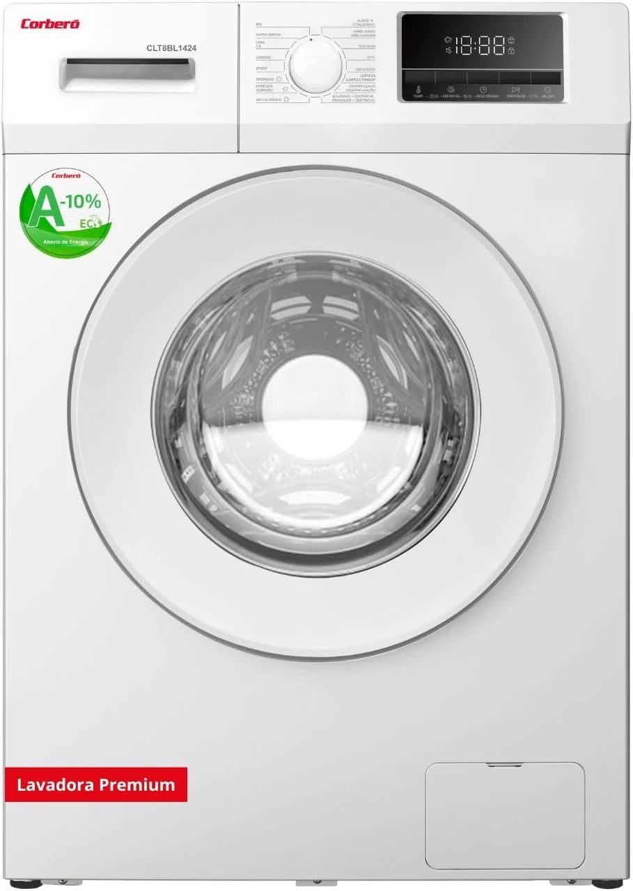 Corberó - Máquina de Lavar Roupa de Carregamento Frontal Premium 8kg | CLT8BL1424 | 1400 Rpm | Motor Inverter, 16 Programas, Início Diferido 3-24 Horas, Lavagem Rápida de 15-30 Min., Porta XXL | Branco