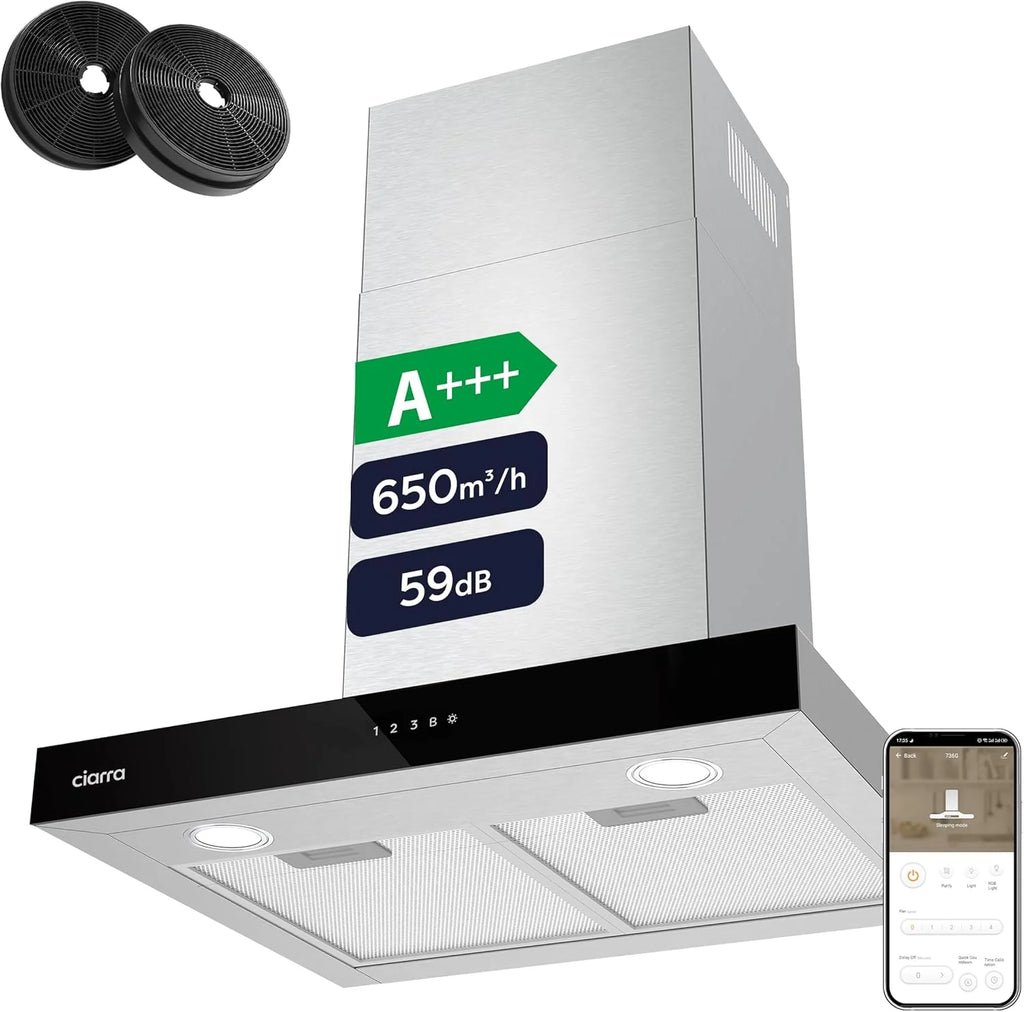 Ciarra CBCS6102 Coifa de Parede 60cm 650 m³/h - Controlo Tátil e Wifi - 4 Velocidades - Exaustão Externa e Recirculação Interna por Filtro de Carvão CBCF003 - Aço Inoxidável