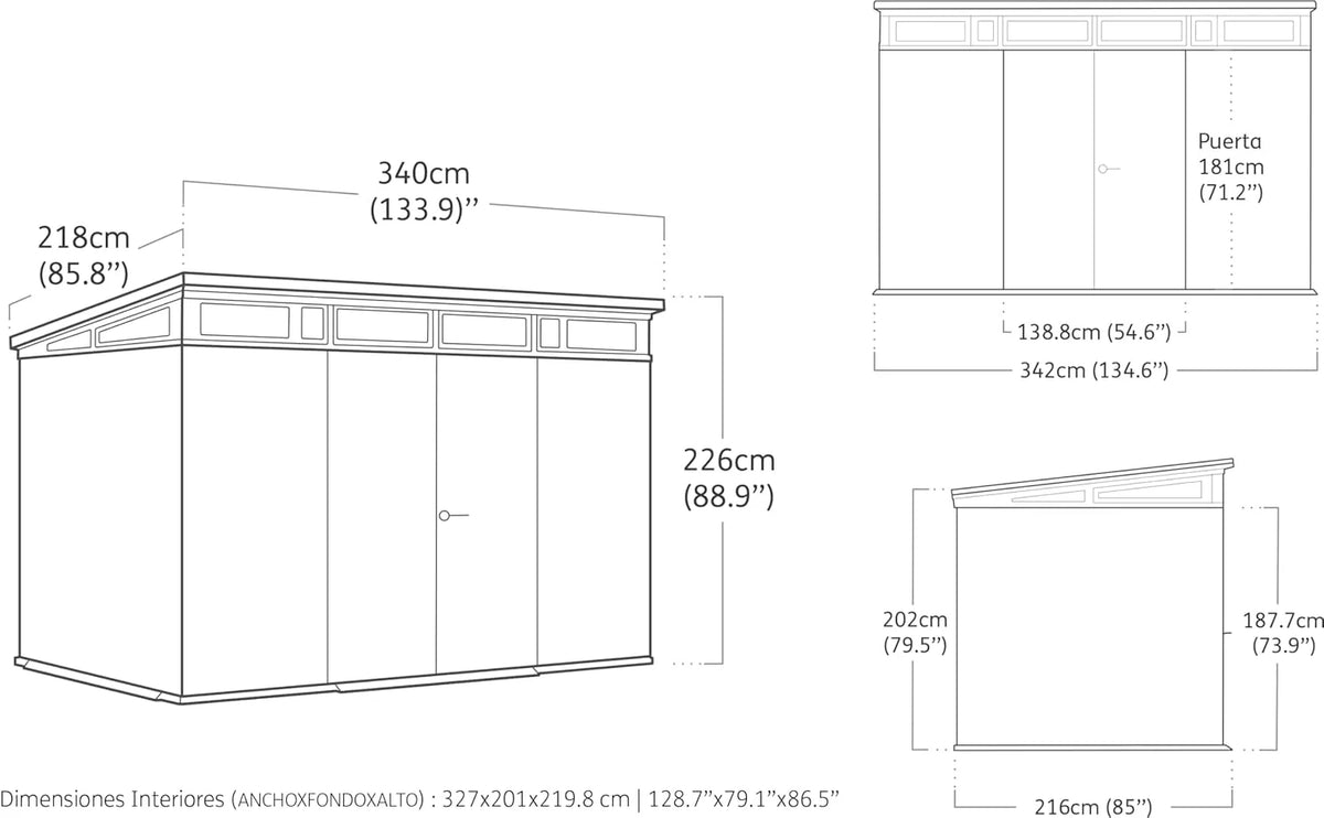 Keter Artisan Abrigo de Jardim, 11 x 7 cm, Resistente às Condições Climáticas, com Chão, Teto Inclinado, Portas Duplas e Janelas, Ideal para Armazenamento ao Ar Livre, 342 x 218 x 226 cm, 13,7 m³,