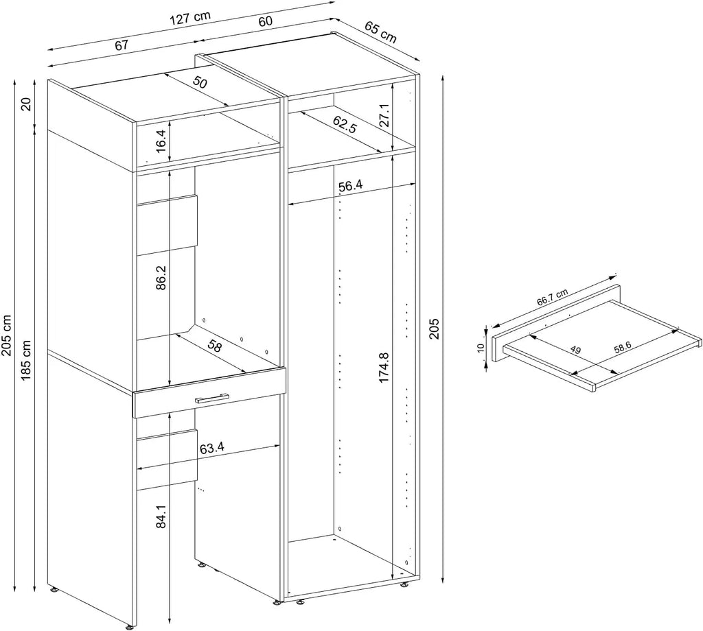Wall cabinet, dryer over washing machine, 127 cm wide, washing machine tower, shelving unit (3 shelves, oak