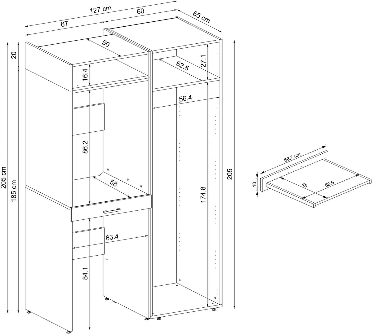 Wall cabinet, dryer over washing machine, 127 cm wide, washing machine tower, shelving unit (3 shelves, oak