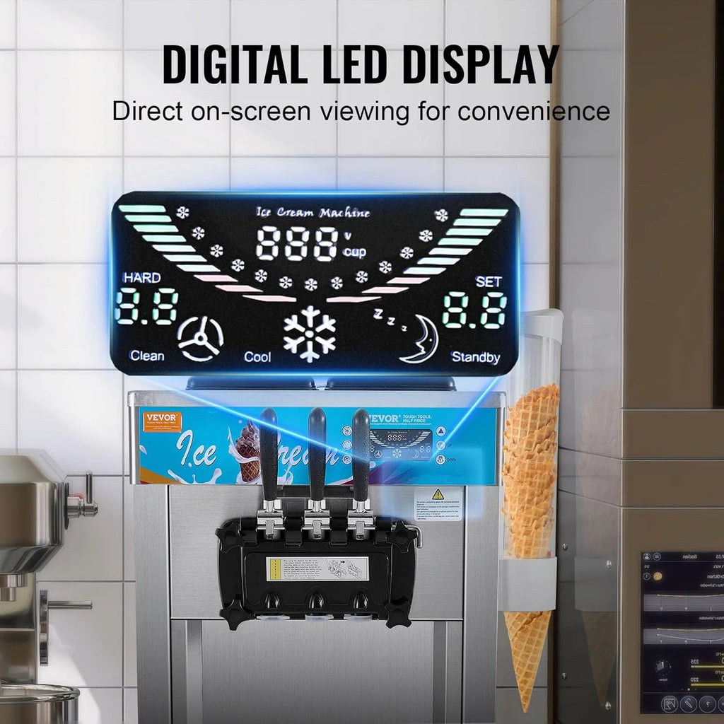 Máquina de Sorvete Comercial VEVOR 21-31 L/h 1500 W 3 Sabores Máquina de Fazer Sorvete 2 Tremonhas de 5,5 L Independente Pré-Resfriamento Limpeza Automática para Restaurante Bar Mercado Loja