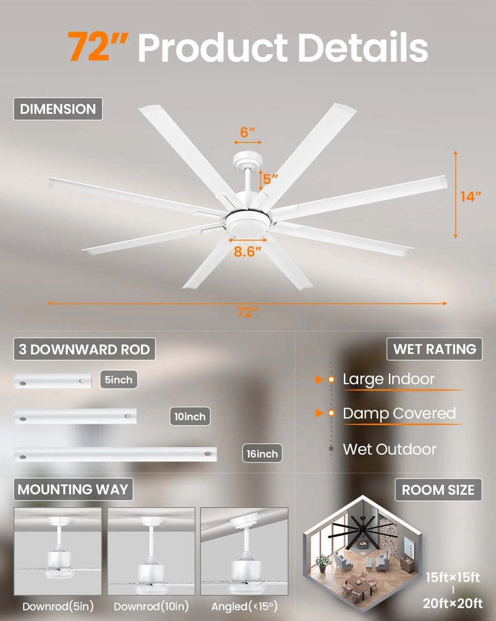 Ventilador de Teto Extra Grande de 183cm com 8 Pás de Alumínio, Luz e Controle Remoto, Luminária de Teto Silenciosa com Motor DC Reversível para Varanda Externa, Quarto Grande