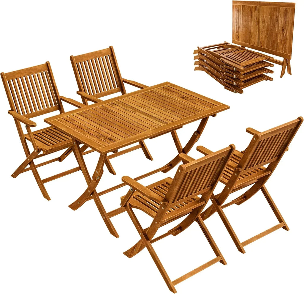 CASARIA® Conjunto de Mesa e 4 Cadeiras para Jardim Externo FSC® Madeira de Acácia Conjunto de Jantar Varanda Terraço Pátio 5 Peças Mesa Dobrável Assentos Braços Durável Resistente às Intempéries 120 x 70 cm