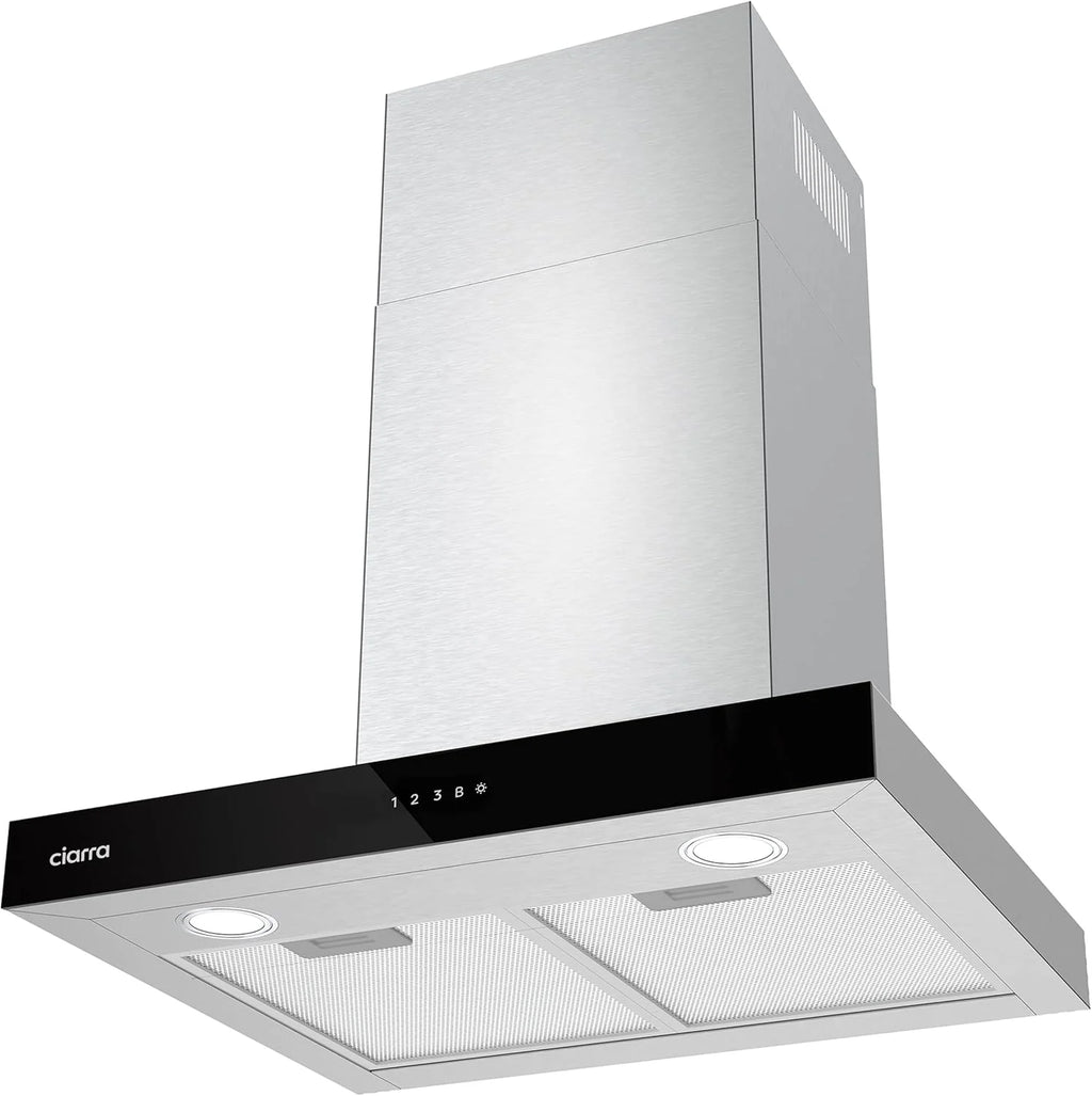 Ciarra CBCS6102 Coifa de Parede 60cm 650 m³/h - Controlo Tátil e Wifi - 4 Velocidades - Exaustão Externa e Recirculação Interna por Filtro de Carvão CBCF003 - Aço Inoxidável