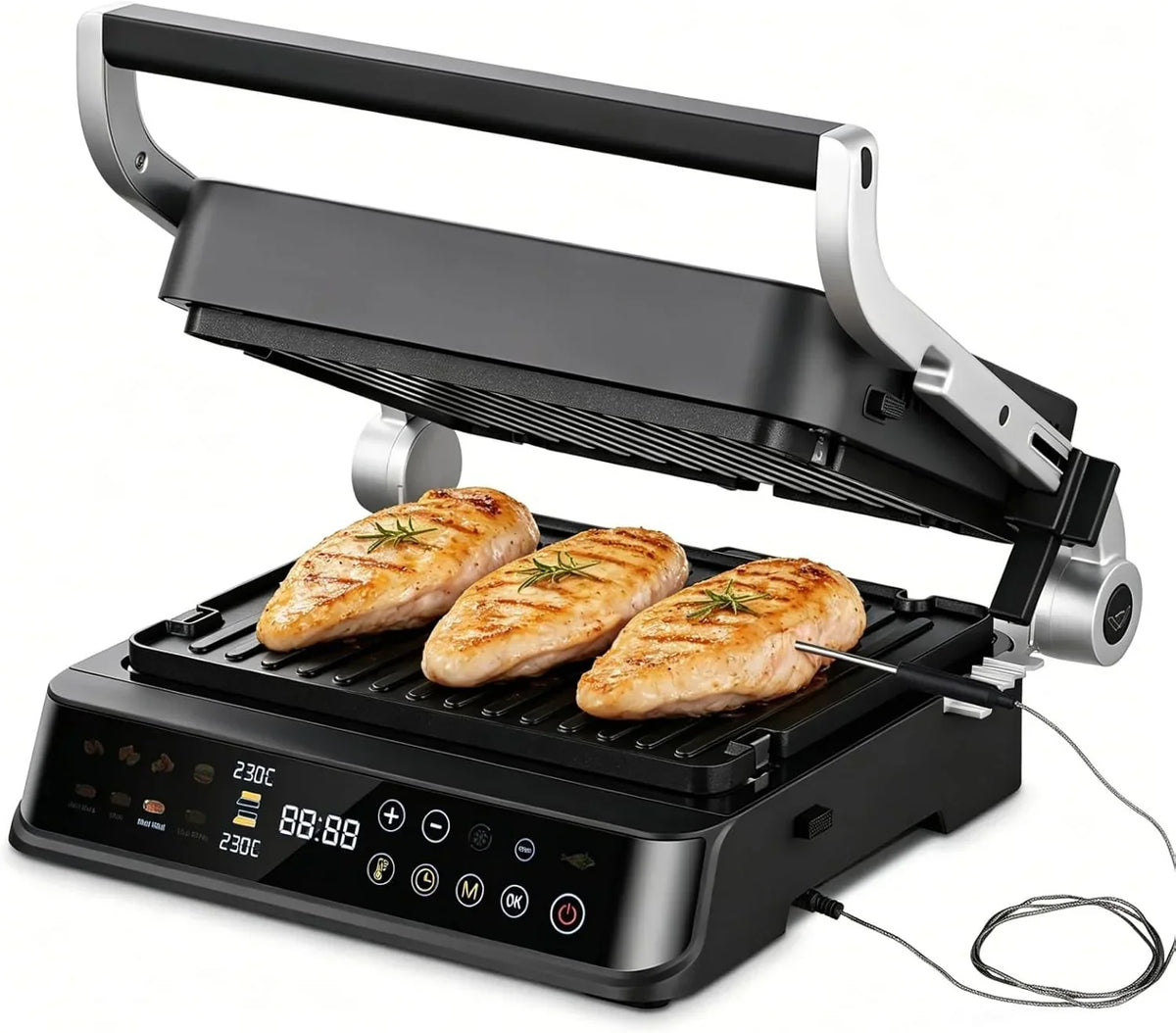 AMZCHEF Grelhador Elétrico com 6 Programas, Função Selar até 280°C, Modo Manual, Sensor de Temperatura, Placas Removíveis e Tabuleiro de Waffles, Ideal para Carne, Peixe, Paninis e Waffles