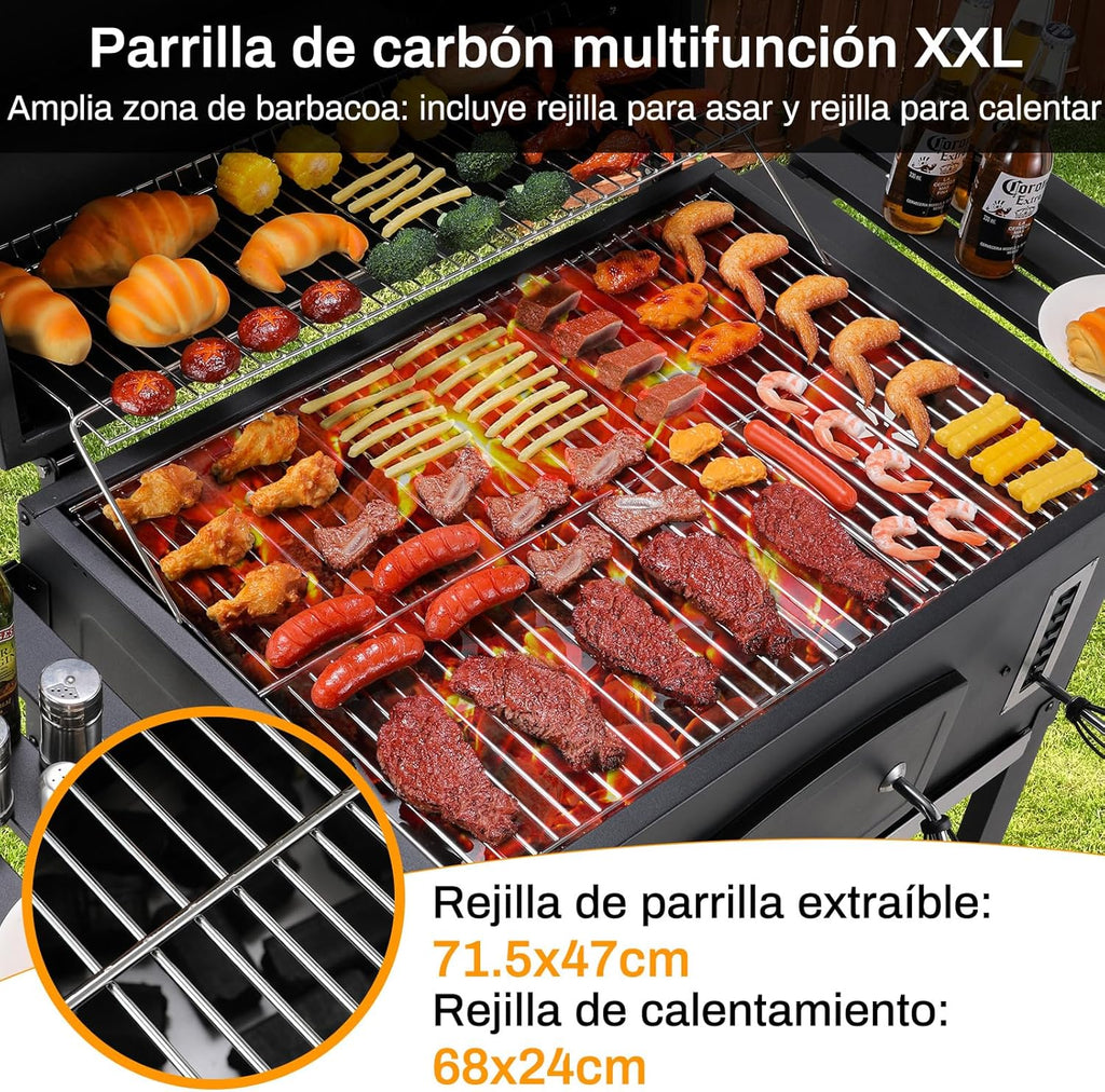 Churrasqueira a Carvão XXL, Churrasqueira a Carvão com Chaminé e Tampa, Churrasqueira com Carrinho, Defumador de Churrasco com Rodas e Termômetro, Churrasqueira Grande a Carvão para Acampamento e Jardim