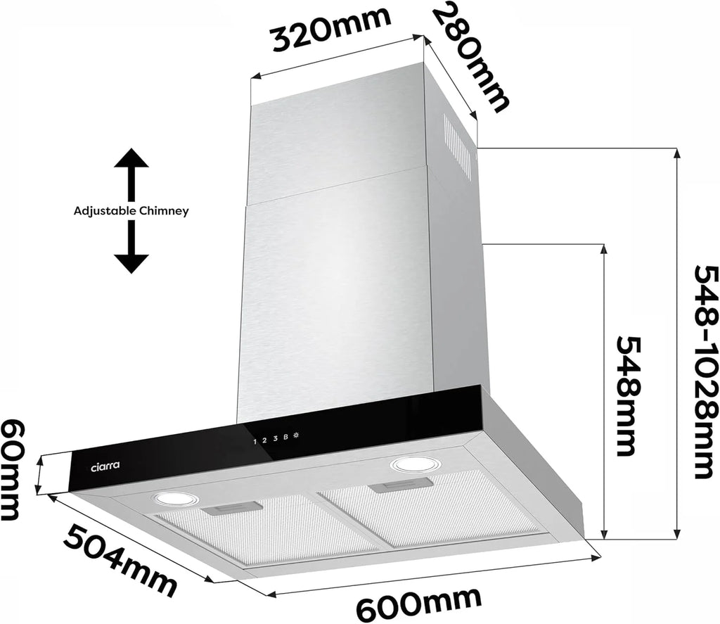 Ciarra CBCS6102 Coifa de Parede 60cm 650 m³/h - Controlo Tátil e Wifi - 4 Velocidades - Exaustão Externa e Recirculação Interna por Filtro de Carvão CBCF003 - Aço Inoxidável
