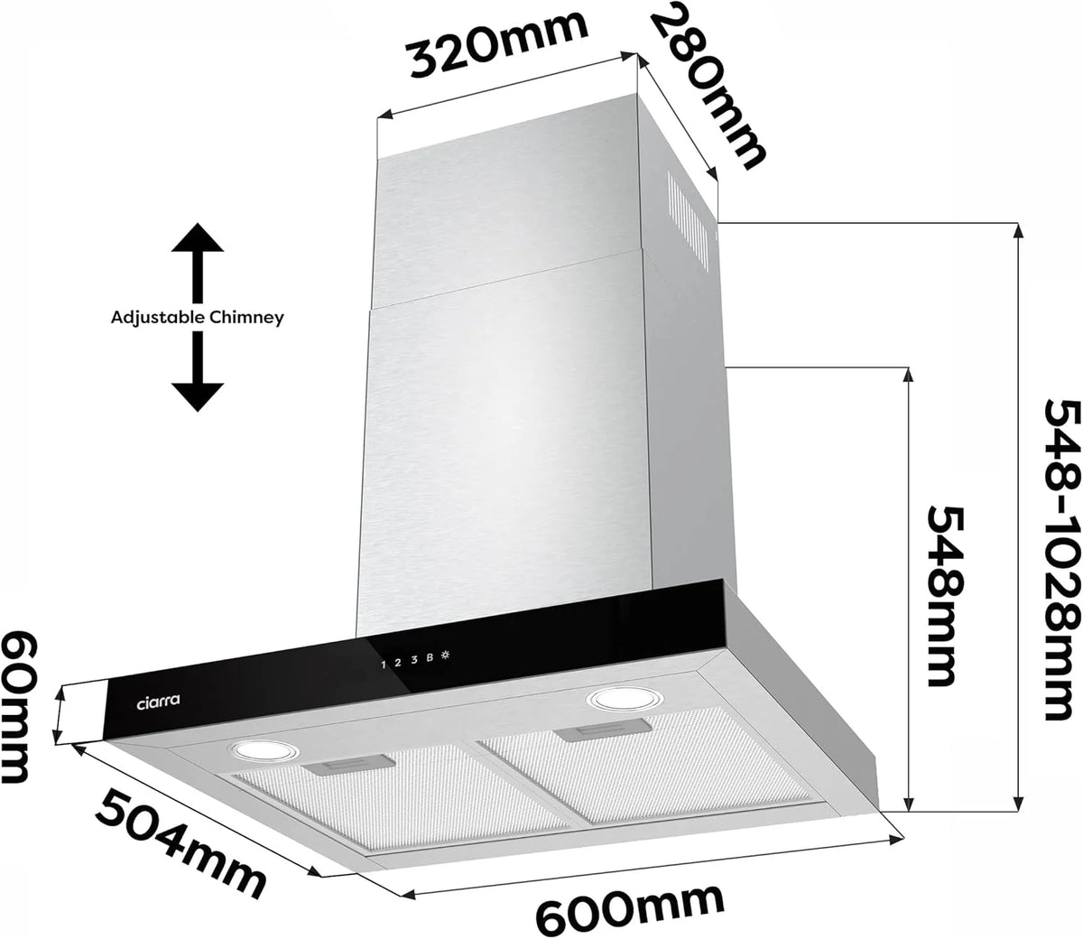 Ciarra CBCS6102 Coifa de Parede 60cm 650 m³/h - Controlo Tátil e Wifi - 4 Velocidades - Exaustão Externa e Recirculação Interna por Filtro de Carvão CBCF003 - Aço Inoxidável