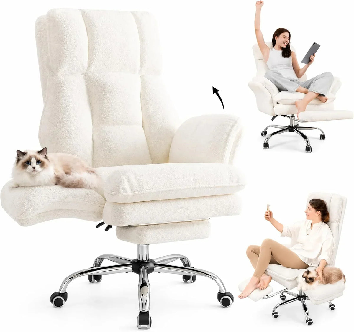 HOMRELEXA Cadeira Ergonômica Executiva de Escritório Grande com Apoio para os Pés, Braços Rebatíveis e Encosto Alto, Cabelo Cacheado de Pelúcia - Branco