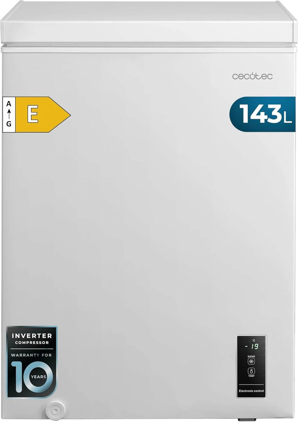 Cecotec Congelador Horizontal 143L Bolero CoolMarket Chest 143P Branco E. Cesto com Alças, Controlo Eletrónico LED, UltraContact D-Cool, Função Dupla, Porta ZeroG (80º-30º), Congelação Rápida, Compacto