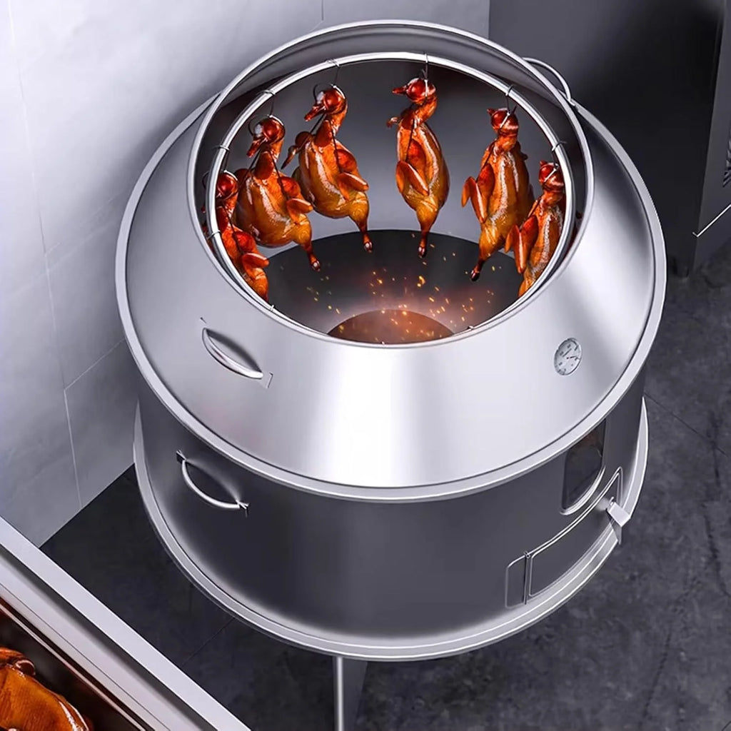 Defumador e Churrasqueira Barril de Grande Capacidade Fabricado em Aço Inoxidável Totalmente Lavável Forno Circular Suspenso de 360° Com Termômetro e Porta Central Churrasqueira Portátil