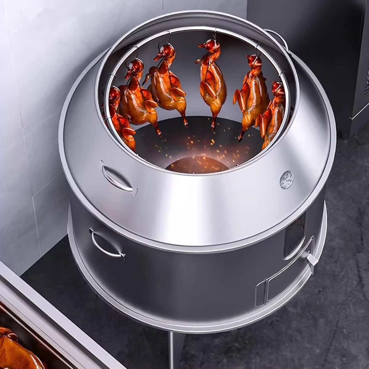 Defumador e Churrasqueira Barril de Grande Capacidade Fabricado em Aço Inoxidável Totalmente Lavável Forno Circular Suspenso de 360° Com Termômetro e Porta Central Churrasqueira Portátil