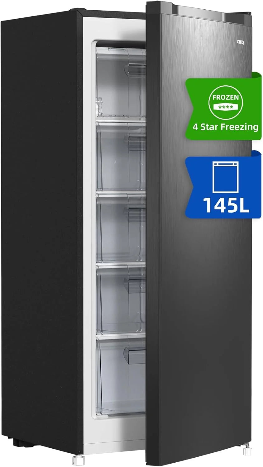 Freezer vertical CHiQ, 145L de capacidade, congelamento rápido, termostato ajustável, silencioso, porta reversível, preto, classificação energética E