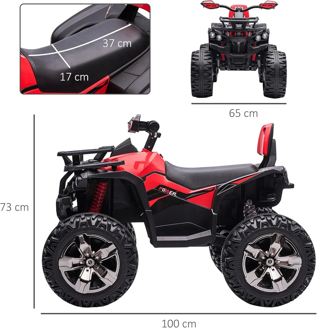 HOMCOM Quad Elétrico 12V para Crianças +3 Anos com 2 Motores Faróis Música Pneus de Suspensão Botões de Avanço e Retrocesso Veículo Elétrico a Bateria 100x65x73 cm Vermelho