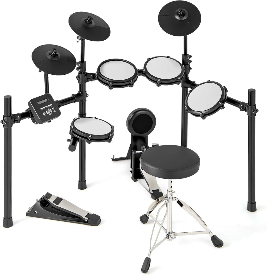 COSTWAY Bateria Eletrónica, Kit de Bateria Dobrável com Pads de Malha Silenciosos, Prato, 225 Sons e 30 Demos, Metrônomo e USB MIDI, Bumbo, 2 Baquetas, Banco Ajustável, para Adultos e Crianças