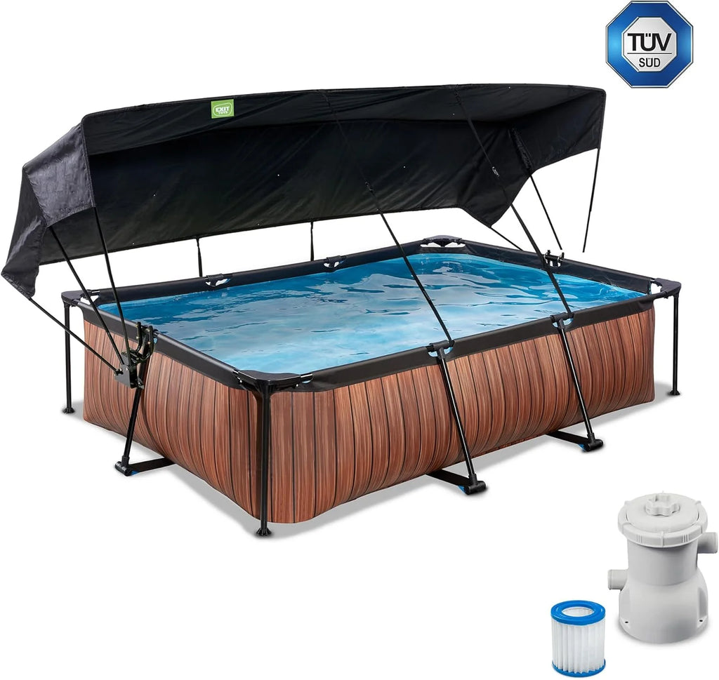 EXIT Toys Piscina de Madeira com Toldo Solar - 300x200x65cm - Piscina de Estrutura Retangular Compacta com Bomba de Filtro de Cartucho - Ótima Proteção UV - Fácil Acesso - Design Exclusivo - Marrom