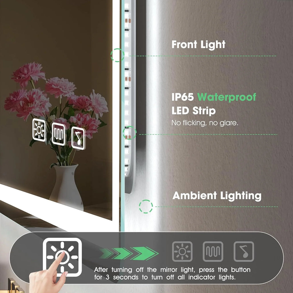 S'bagno Espelho de Banheiro com Luz 120x70cm, Espelho de Banheiro LED Bluetooth com Função Antiembaciamento, 3000K/4000K/6500K, Regulável, Memória, Vidro Temperado HD, IP44-Espelhos de Banheiro com LED, Horizontal/Vertical