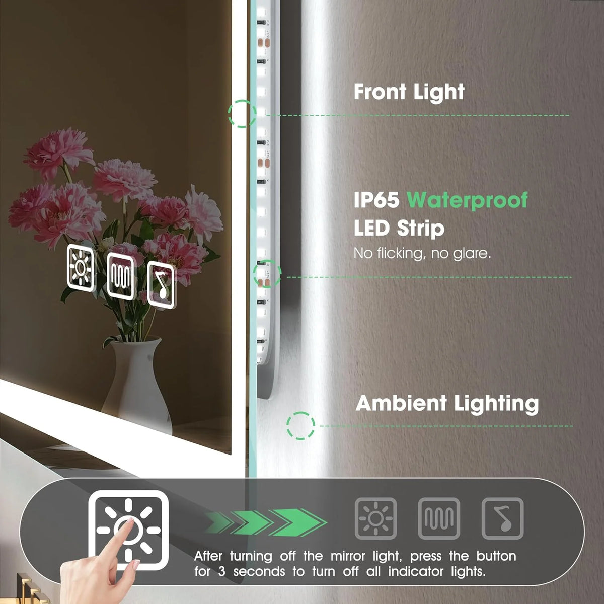 S'bagno Espelho de Banheiro com Luz 120x70cm, Espelho de Banheiro LED Bluetooth com Função Antiembaciamento, 3000K/4000K/6500K, Regulável, Memória, Vidro Temperado HD, IP44-Espelhos de Banheiro com LED, Horizontal/Vertical